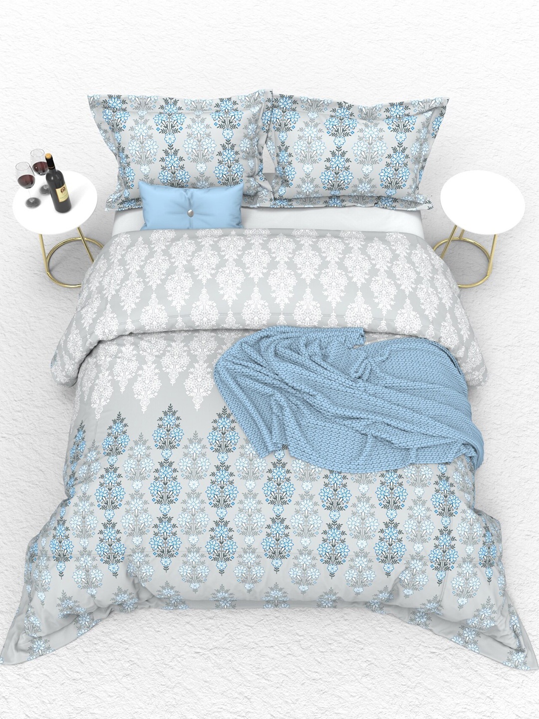 

THE WHITE MOSS Portland Blue 160 TC King Flat Bedsheet with 2 Pillow Covers