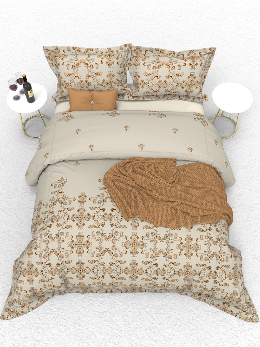 

THE WHITE MOSS Beige & Orange Ethnic Motifs 160 TC Cotton King Bedsheet & 2 Pillow Covers