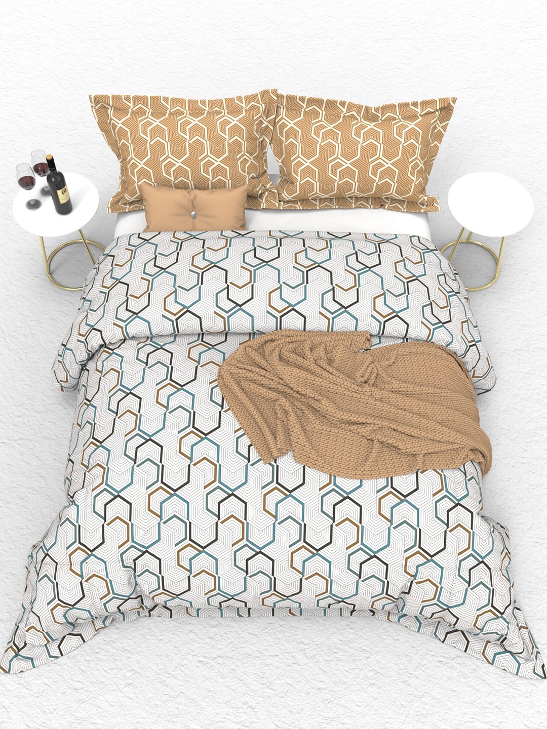 

THE WHITE MOSS White & Brown Geometric 160 TC Pure Cotton King Bedsheet & 2 Pillow Covers