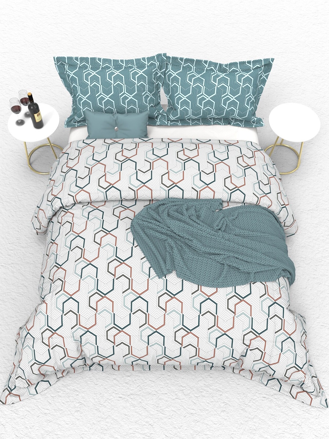 

THE WHITE MOSS White & Blue Geometric 160 TC Cotton King Bedsheet & 2 Pillow Covers