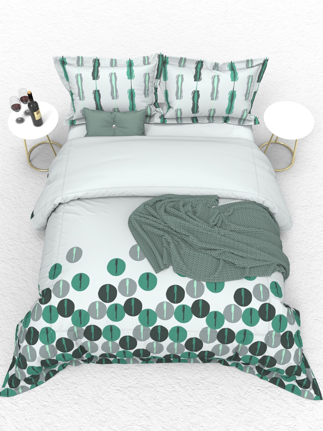 

THE WHITE MOSS Green & Grey Geometric 160 TC Cotton King Bedsheet & 2 Pillow Covers