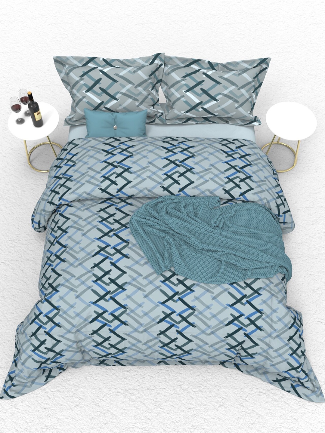 

THE WHITE MOSS Grey & Blue 160 TC Pure Cotton King Bedsheet with 2 Pillow Covers