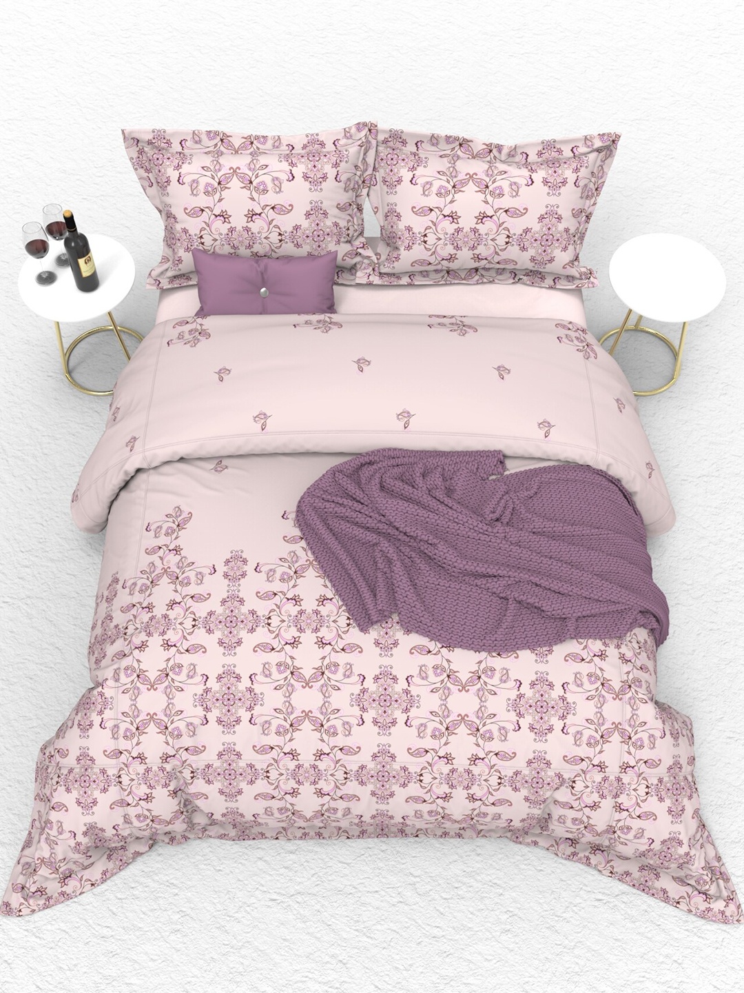 

THE WHITE MOSS Beige & Purple Ethnic Motifs 160 TC Cotton King Bedsheet & 2 Pillow Covers