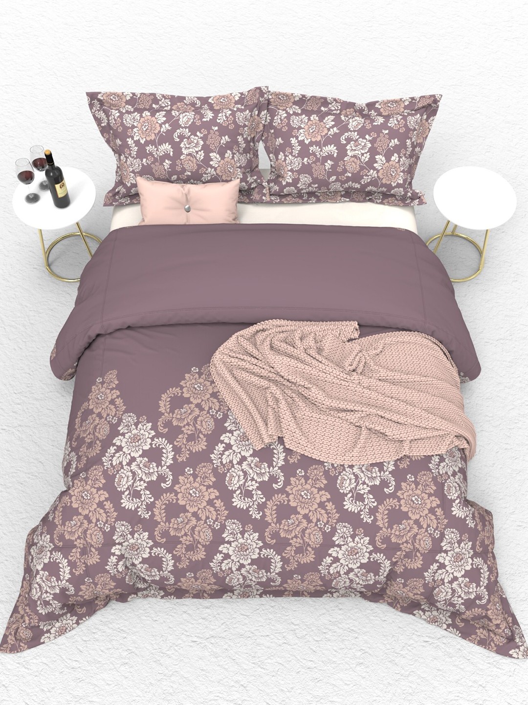 

THE WHITE MOSS Mauve & Cream Ethnic Motifs 160 TC Cotton King Bedsheet & 2 Pillow Covers