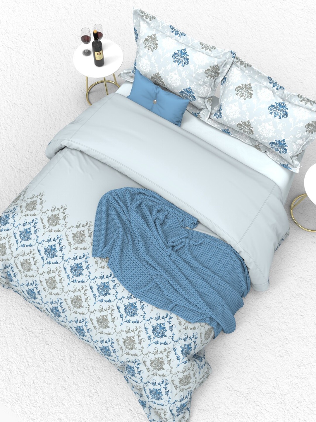 

THE WHITE MOSS Blue & Grey Ethnic Motifs 160 TC King Bedsheet with 2 Pillow Covers