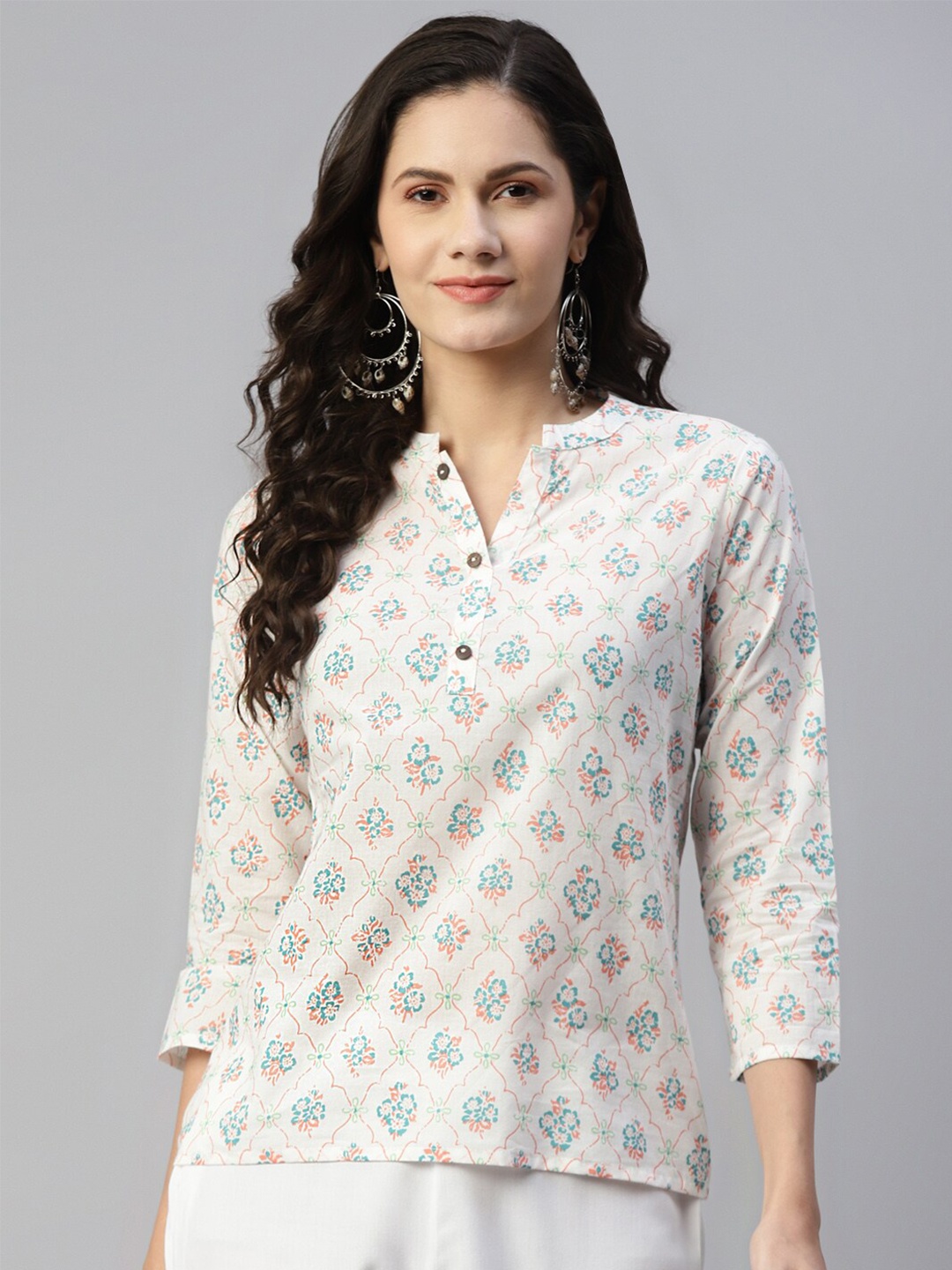 

MALHAAR Print Band Collar Pure Cotton Top, White