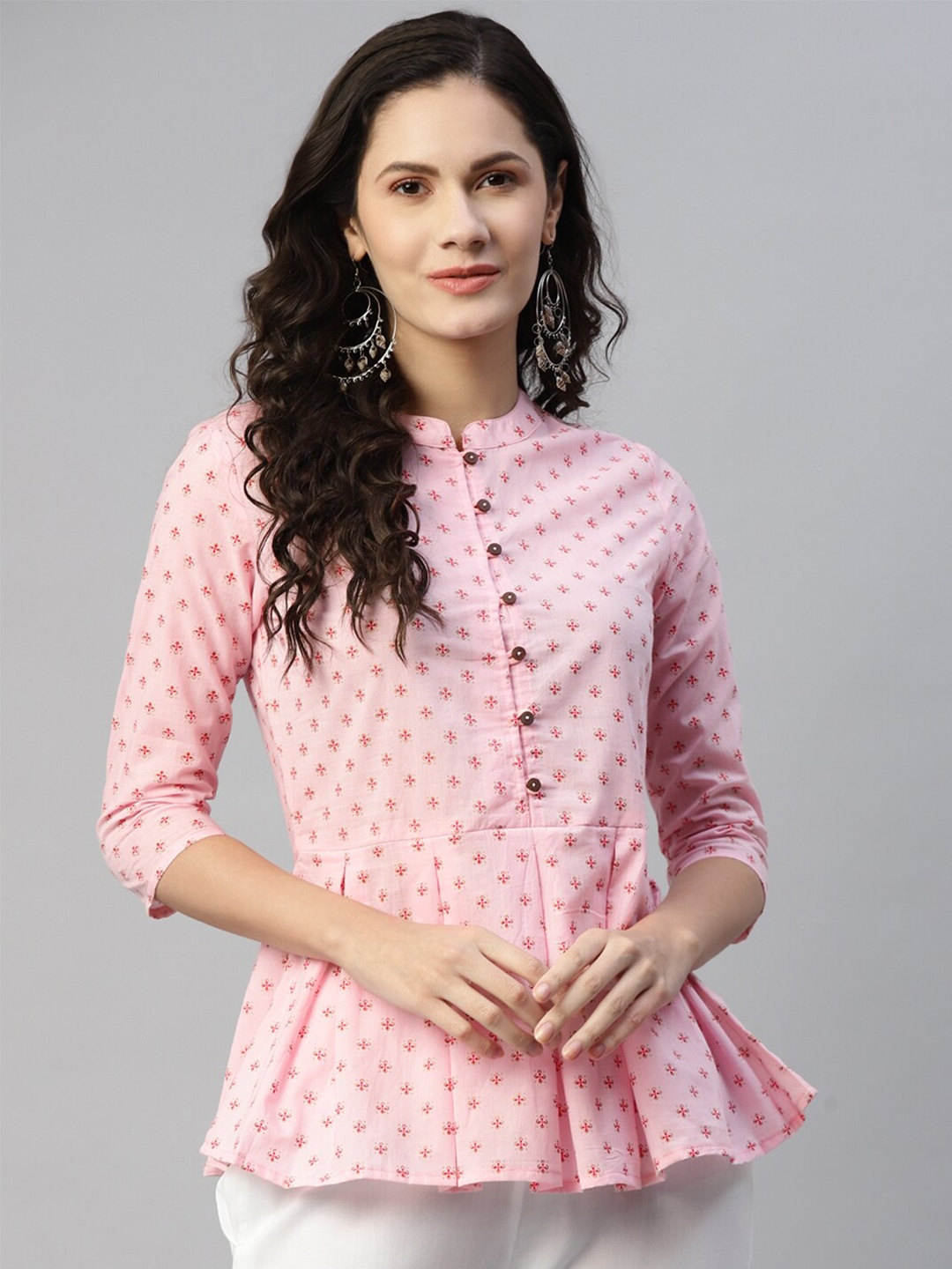 

MALHAAR Ethnic Printed Band Collar Pure Cotton A-Line Kurti, Pink