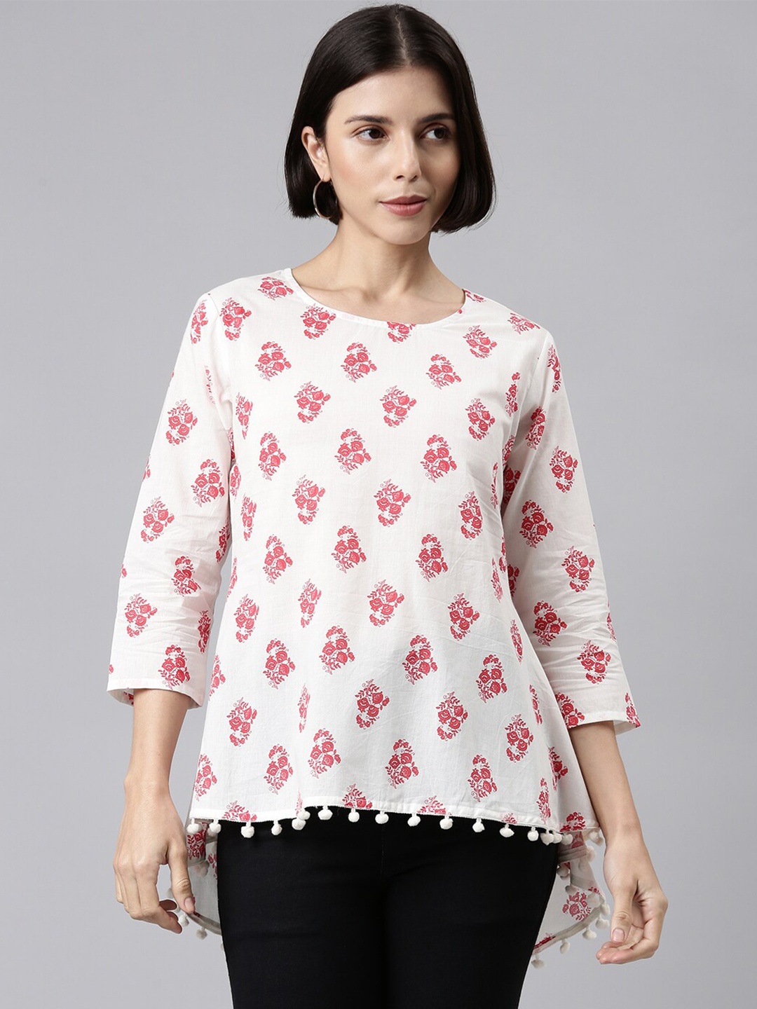 

MALHAAR Floral Print Pure Cotton Top, White