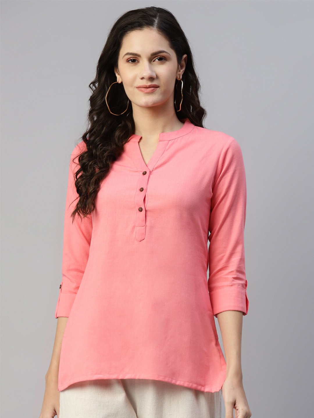 

MALHAAR Mandarin Collar Pure Cotton Top, Pink