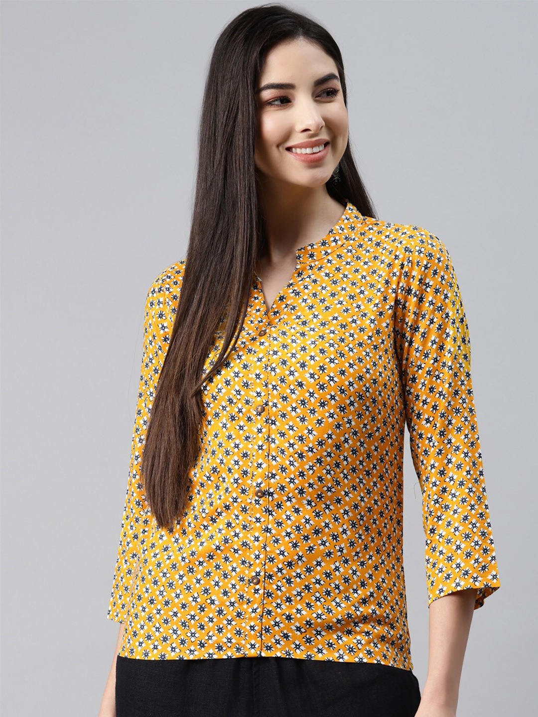 

MALHAAR Floral Print Mandarin Collar Top, Yellow