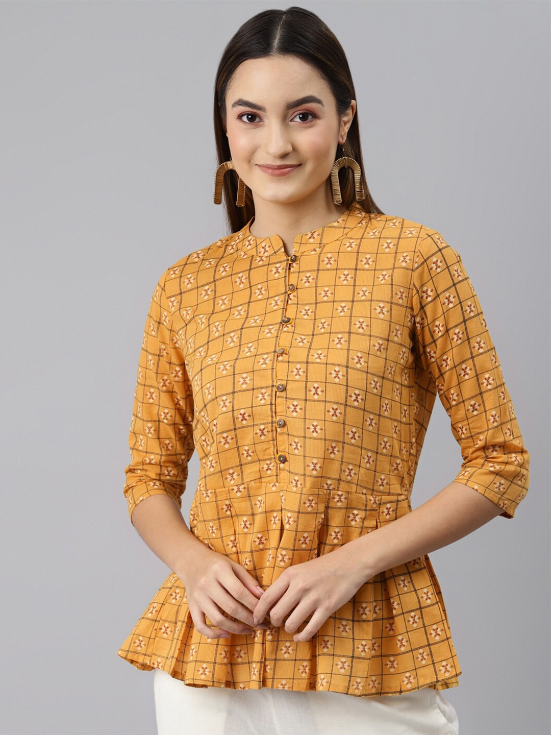 

MALHAAR Mandarin Collar Checked Cotton Tunic, Mustard