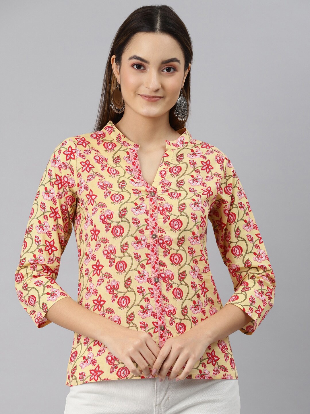 

MALHAAR Floral Print Mandarin Collar Pure Cotton Shirt Style Top, Yellow