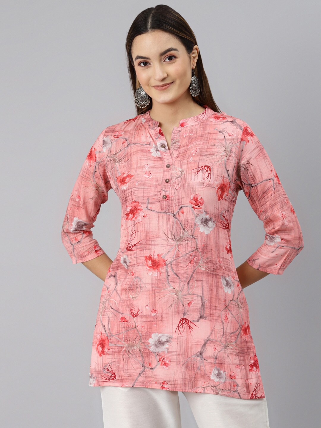 

MALHAAR Floral Printed Band Collar Kurti, Pink