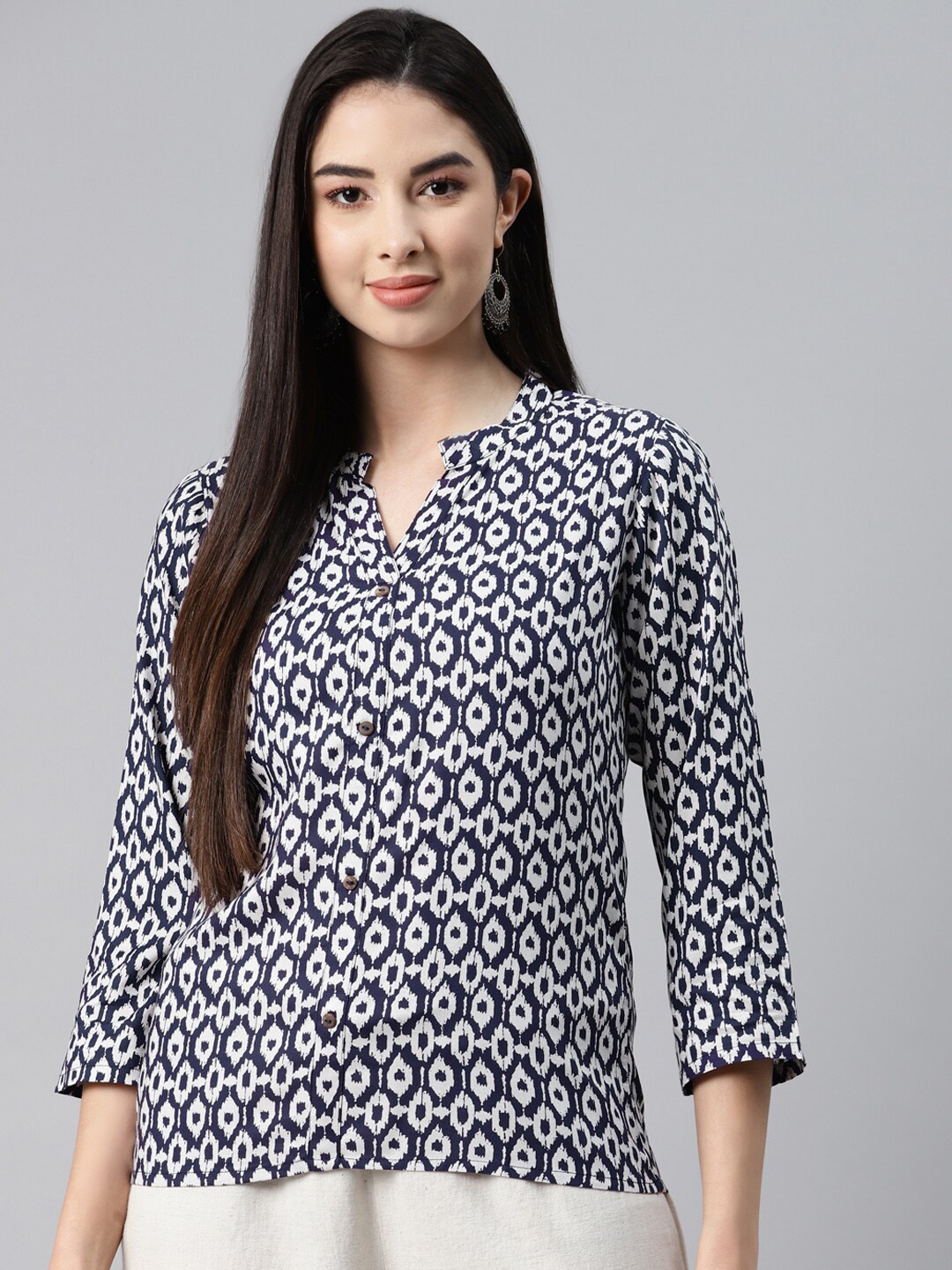 

MALHAAR Geometric Print Band Collar Shirt Style Top, Navy blue