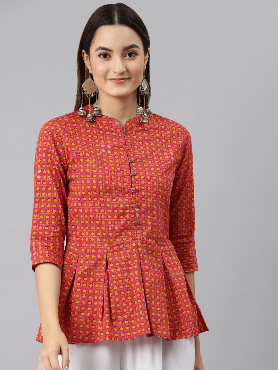 

MALHAAR Print Band Collar Pure Cotton Peplum Top, Orange