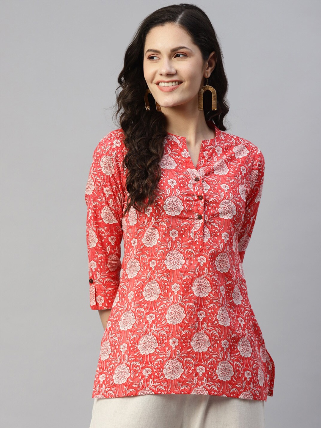 

MALHAAR Floral Print Band Collar Pure Cotton Top, Red