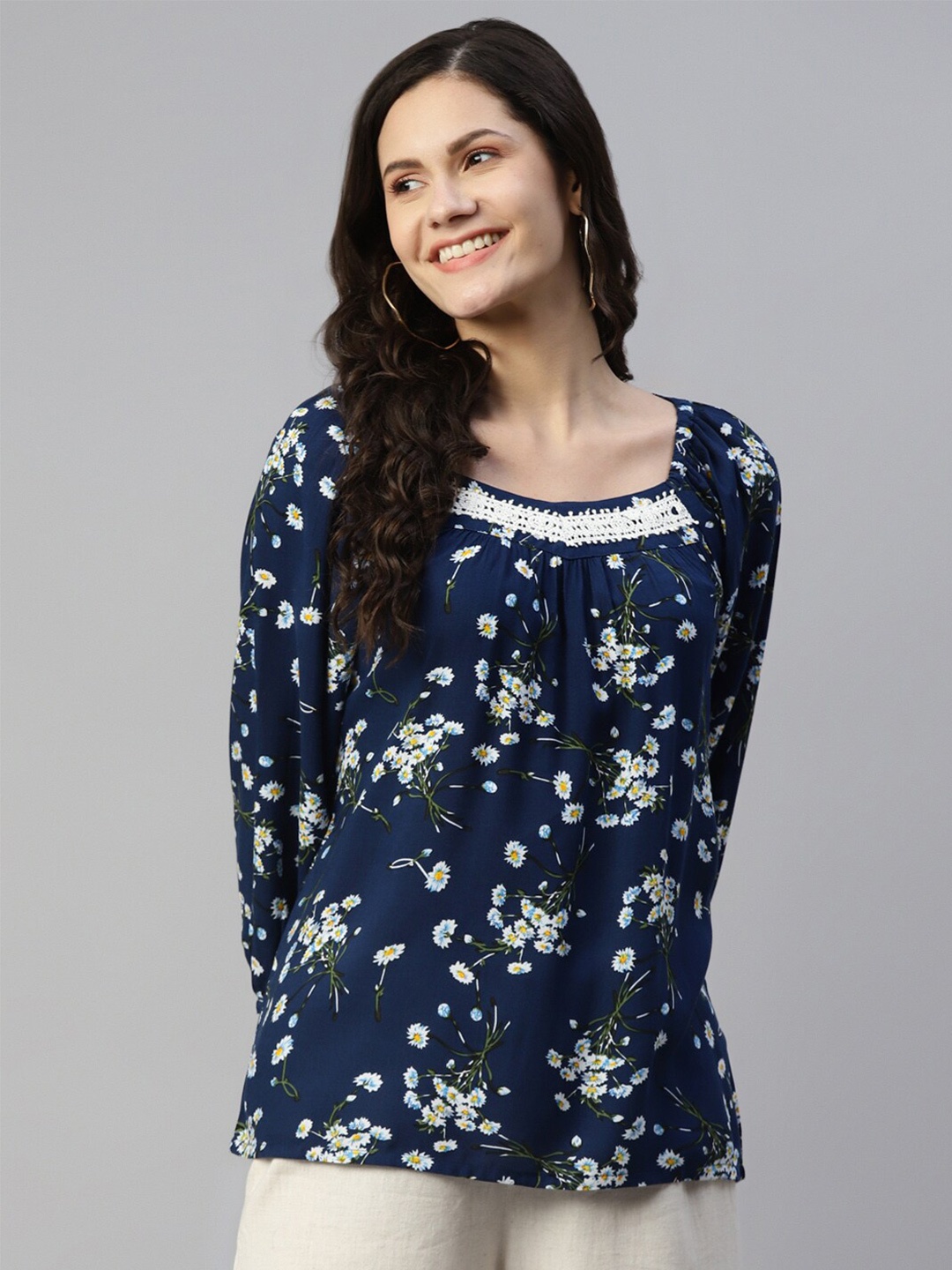 

MALHAAR Floral Print Blouson Top, Blue