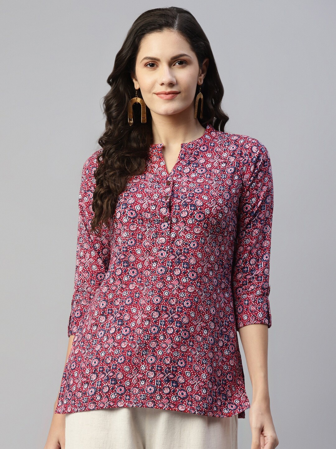 

MALHAAR Print Band Collar Roll-Up Sleeves Pure Cotton Shirt Style Top, Maroon