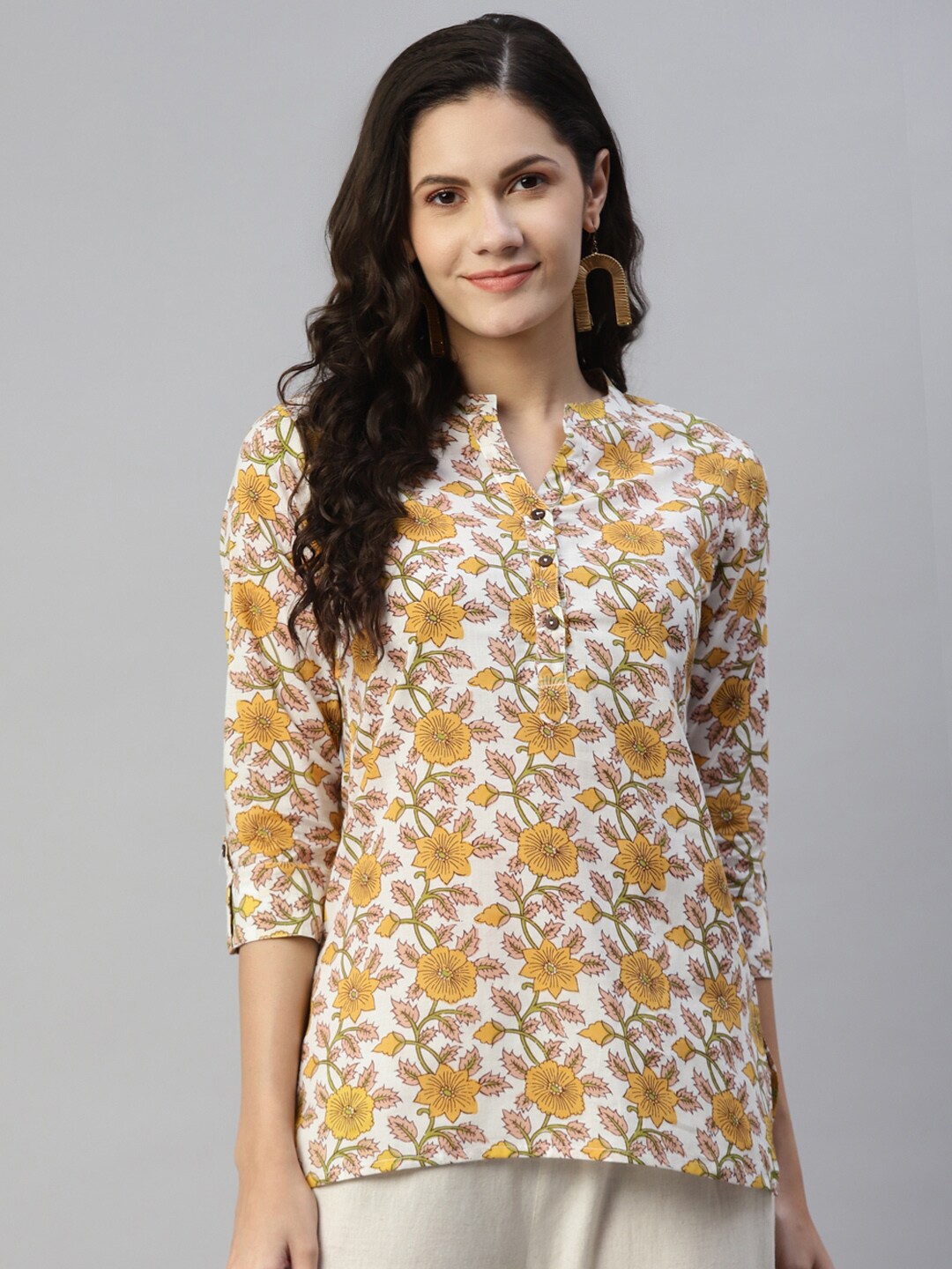 

MALHAAR White Floral Print Band Collar Roll-Up Sleeves Pure Cotton Top