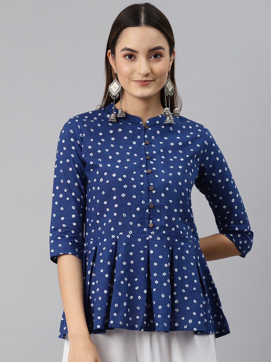 

MALHAAR Bandhani Printed Pure Cotton Pleated Kurti, Blue