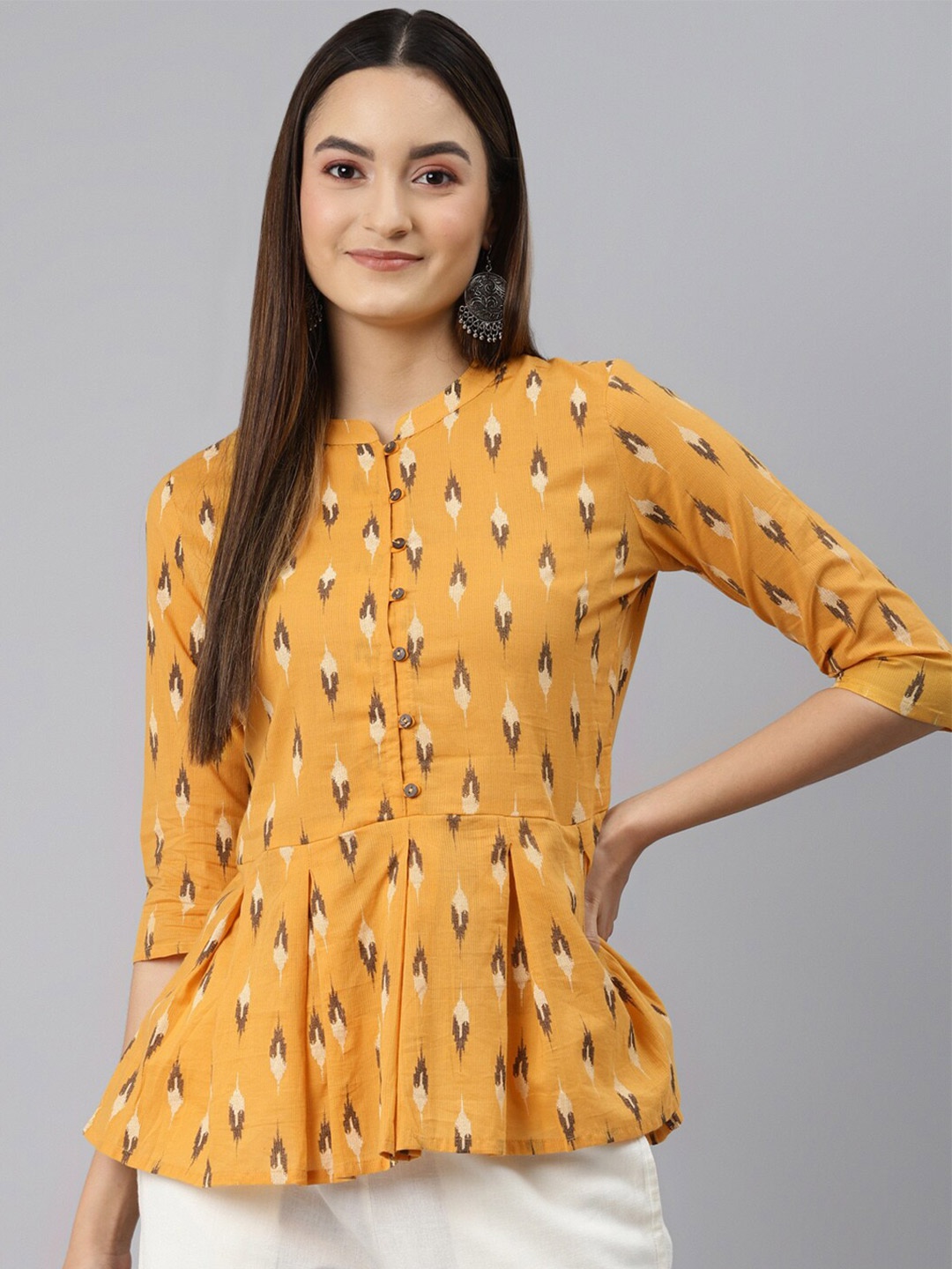 

MALHAAR Print Band Collar Pure Cotton Peplum Top, Mustard