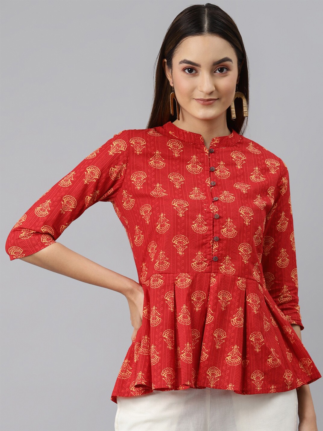 

MALHAAR Red & Yellow Ethnic Motifs Printed Pure Cotton Empire Kurti