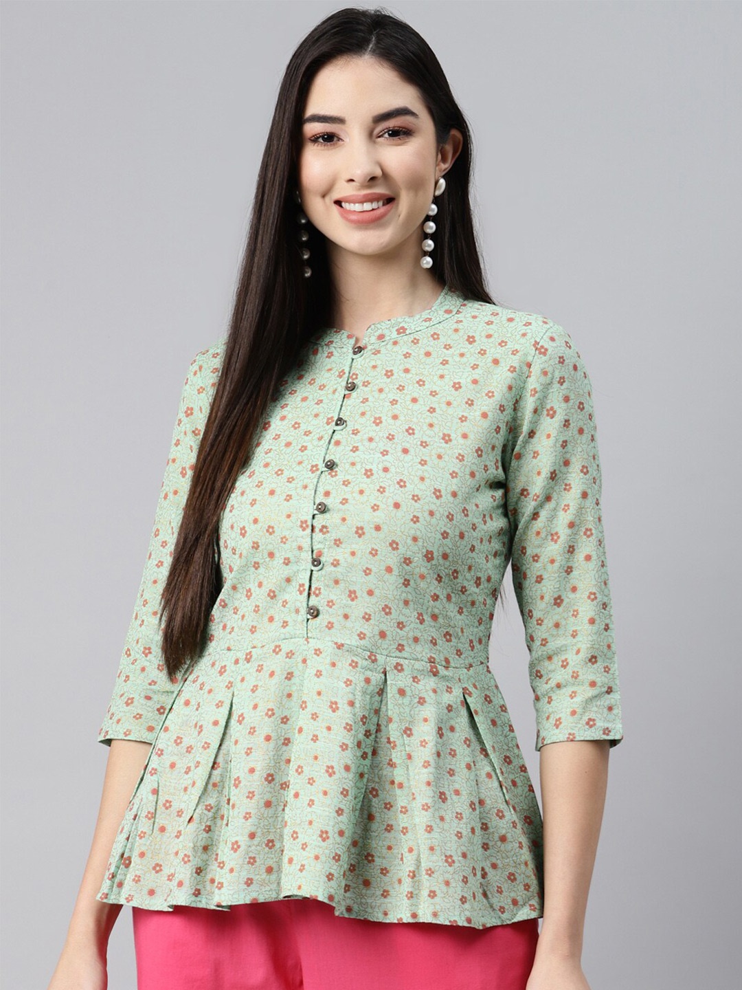

MALHAAR Floral Print Band Collar Pure Cotton Peplum Top, Green