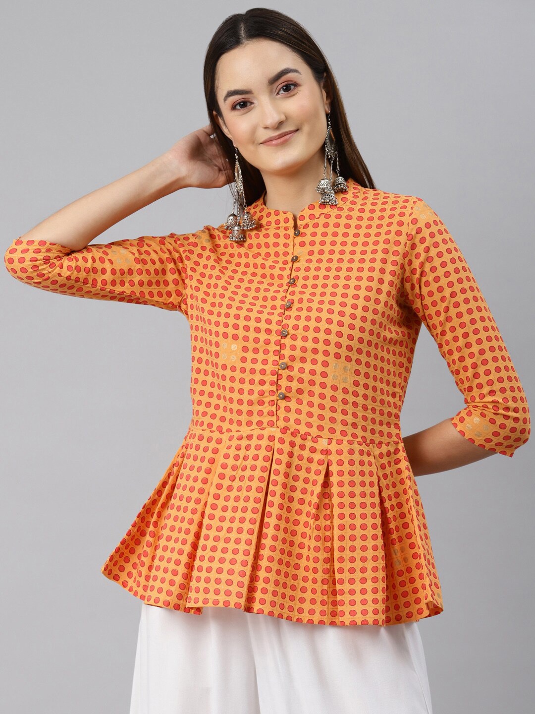 

MALHAAR Print Band Collar Pure Cotton Peplum Top, Orange