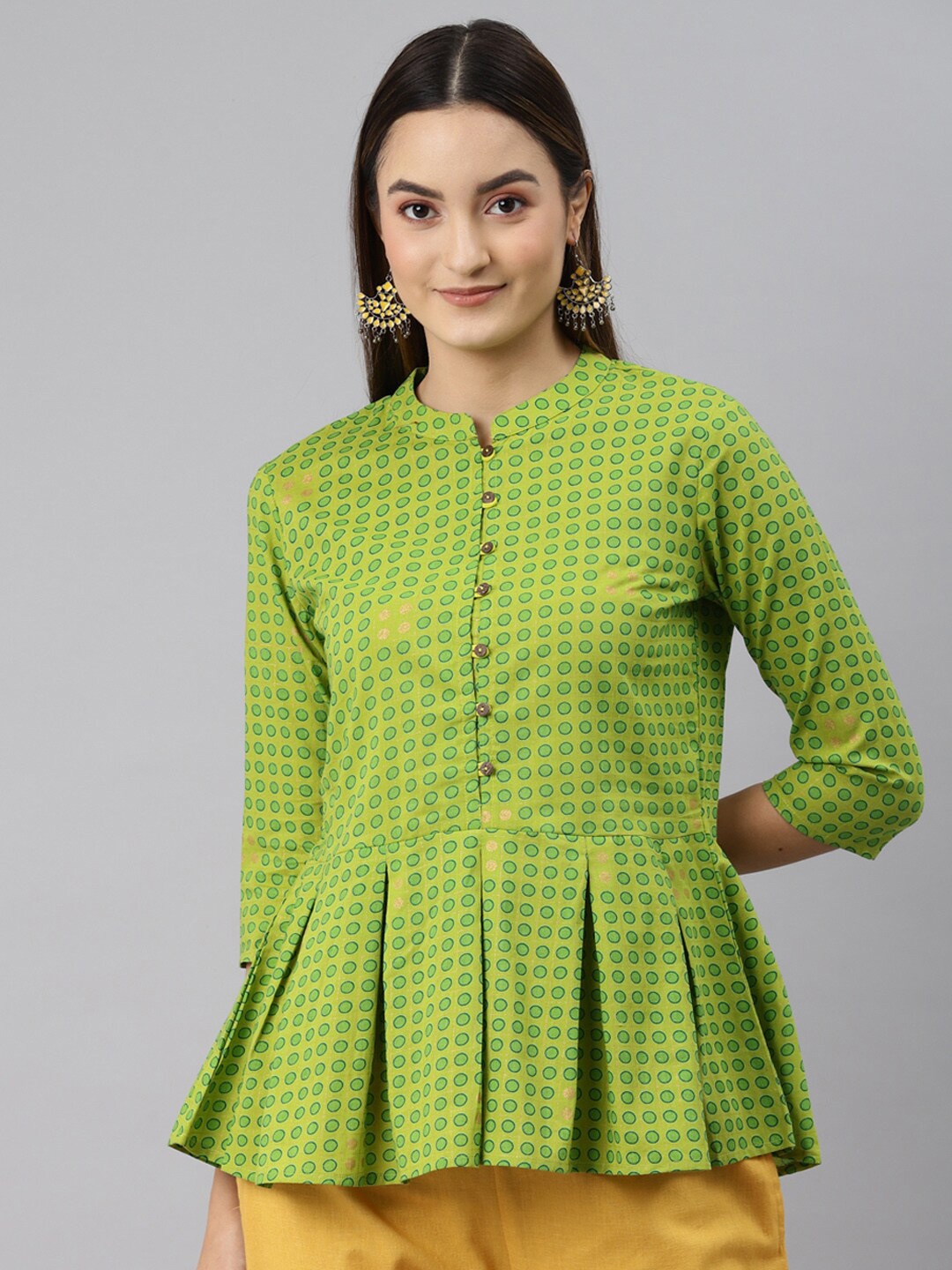 

MALHAAR Print Band Collar Pure Cotton Peplum Top, Green