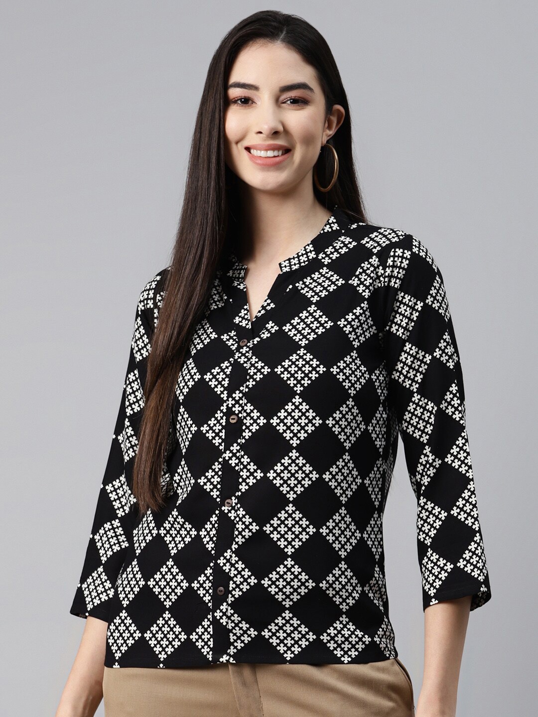 

MALHAAR Print Band Collar Shirt Style Top, Black