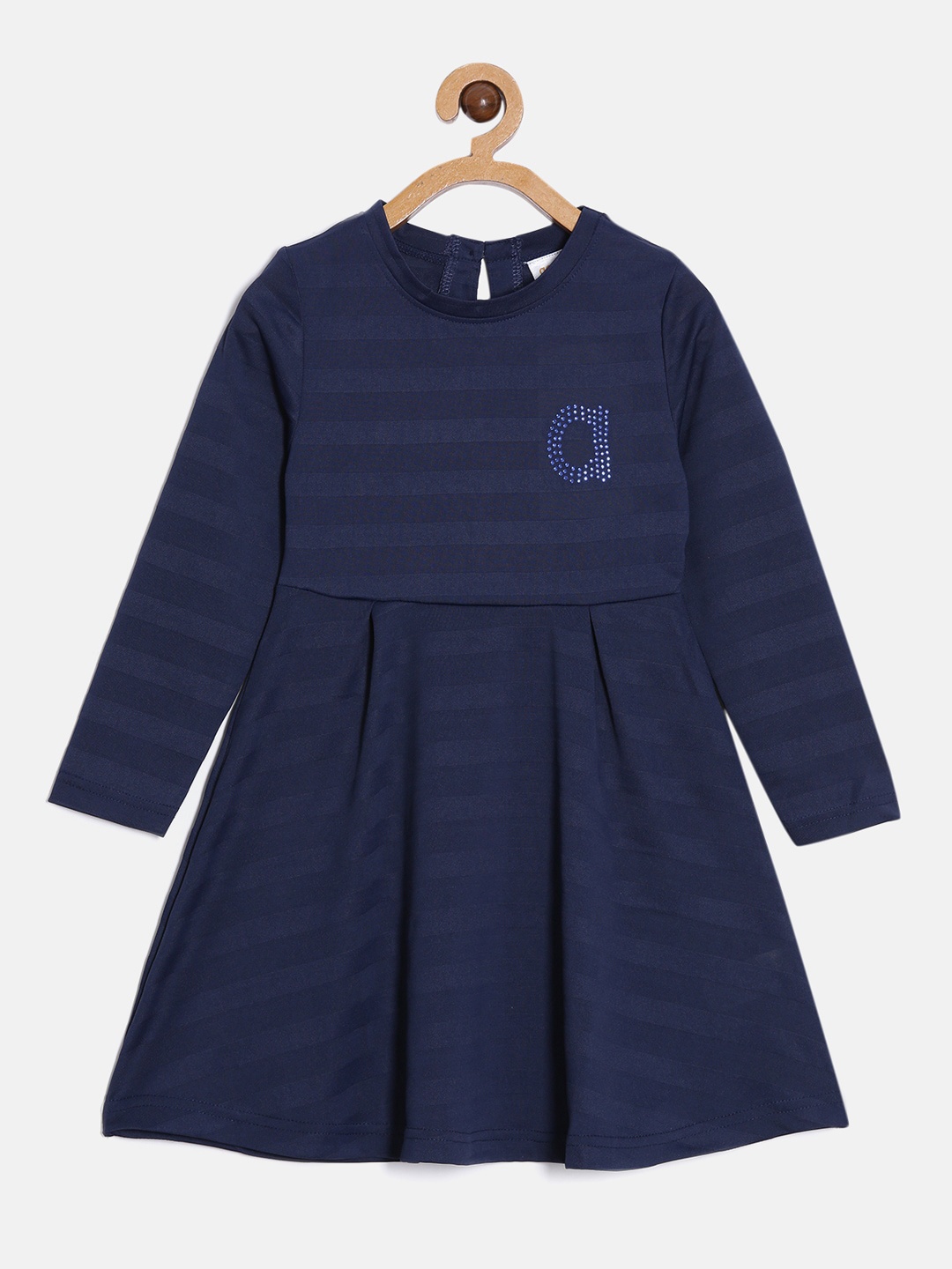 

Aomi Girls Round Neck Striped Fit And Flare Dress, Navy blue