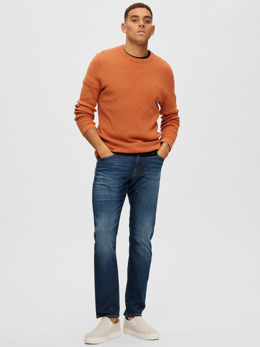 

SELECTED Men Straight Fit Heavy Fade Cotton Jeans, Blue