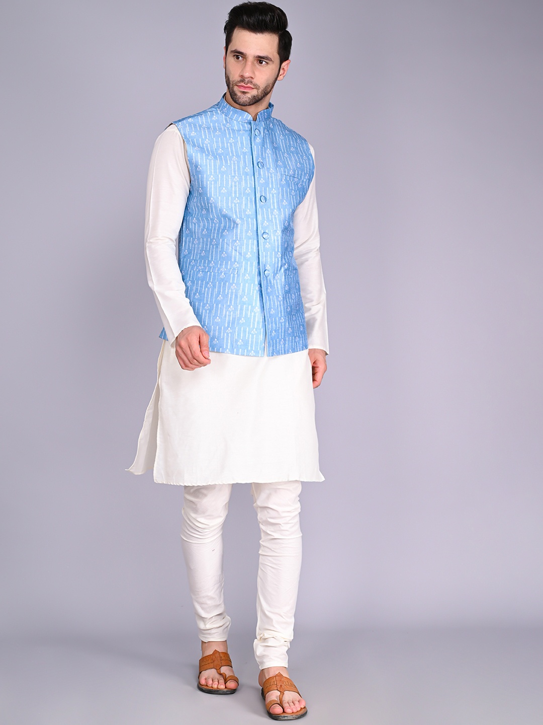 

VESHAM Mandarin Collar Kurta with Churidar & Nehru Jacket, White