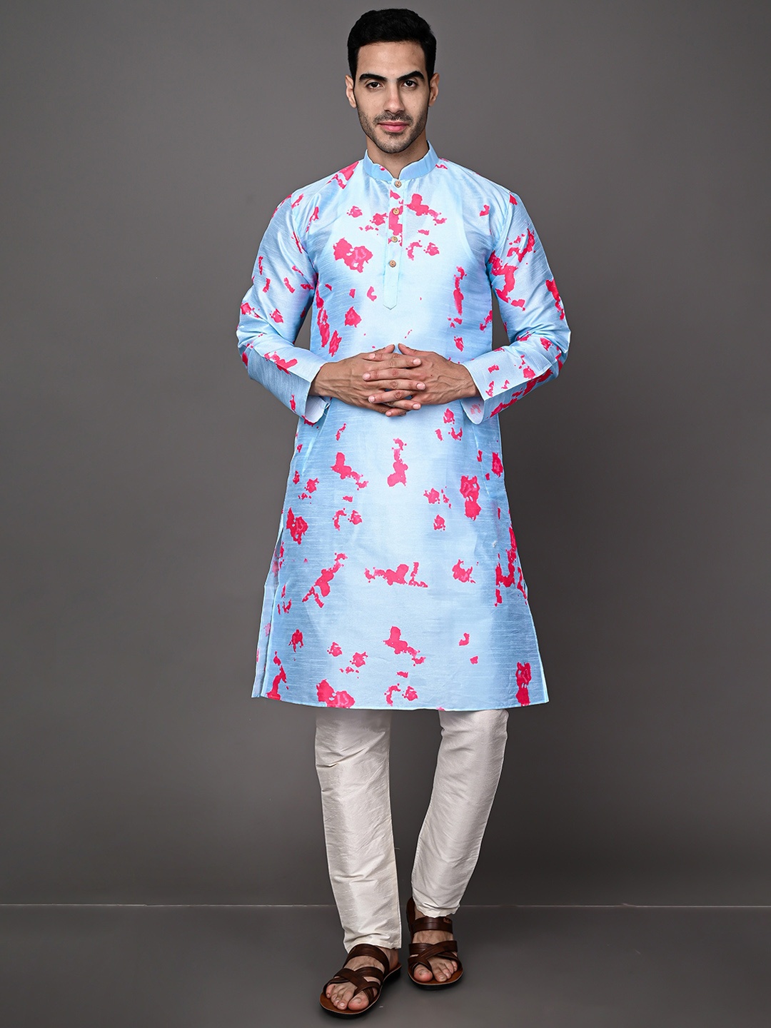 

VESHAM Printed Mandarin Collar Pure Cotton Kurta with Churidar, Blue