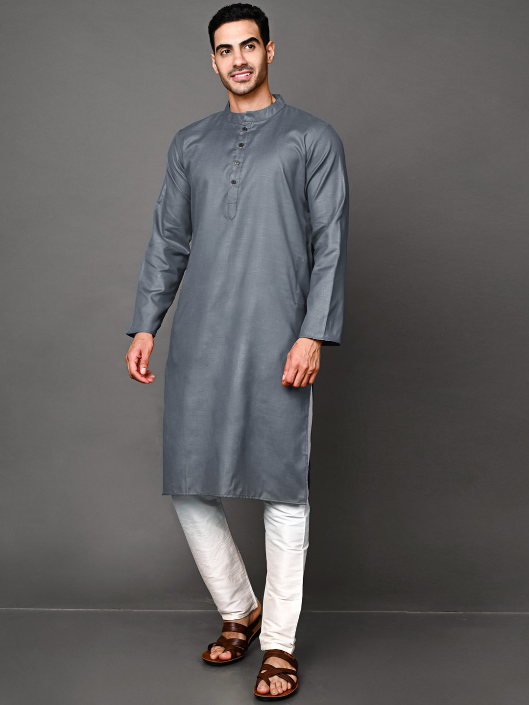 

VESHAM Band Collar Kurta with Pyjamas, Grey