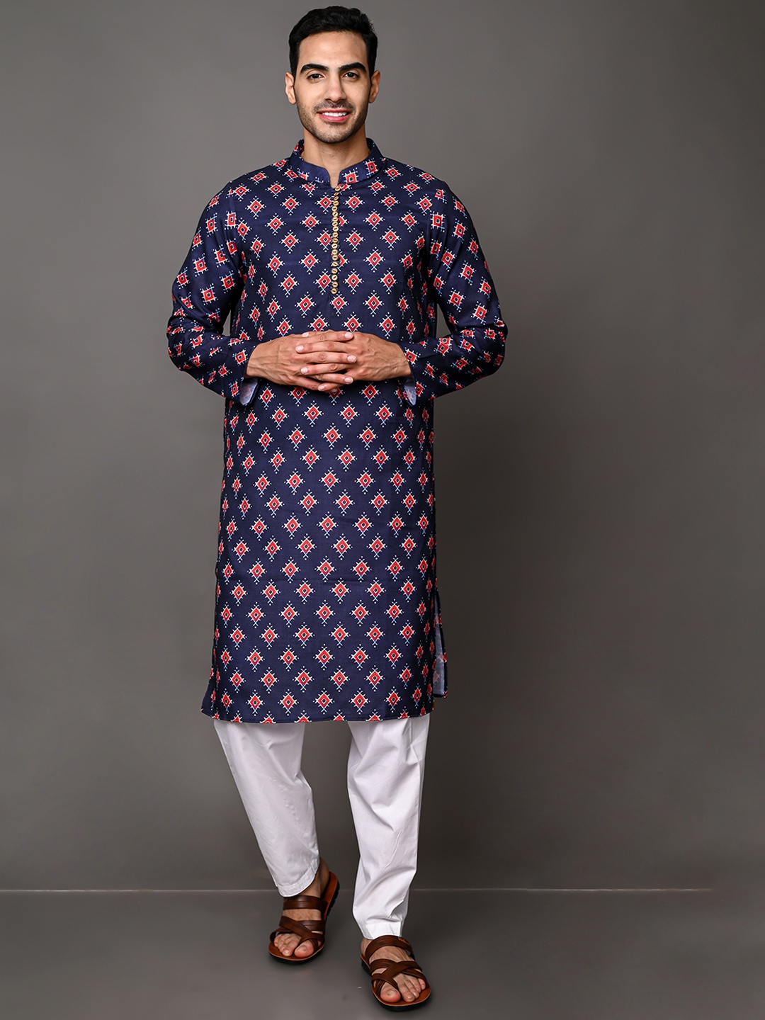 

VESHAM Men Mandarin Collar Printed Kurta with Pyjamas, Navy blue
