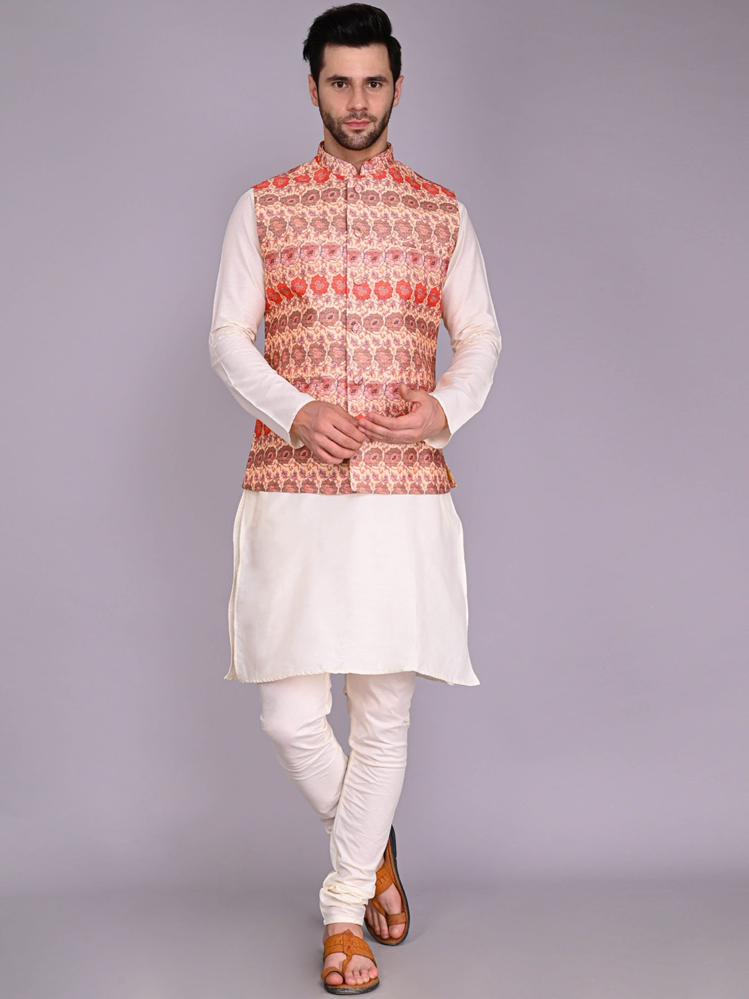 

VESHAM Men Ethnic Motifs Printed Kurta with Churidar & With Nehru Jacket, Cream