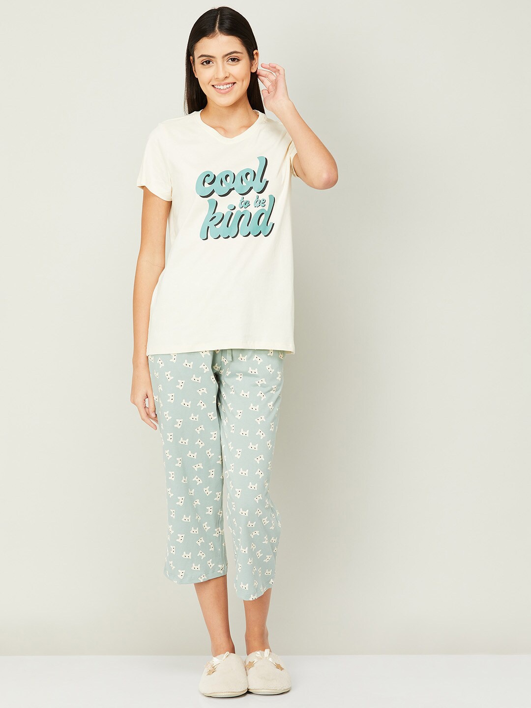 

Ginger by Lifestyle Women Printed Pure Cotton Night suit, Cream