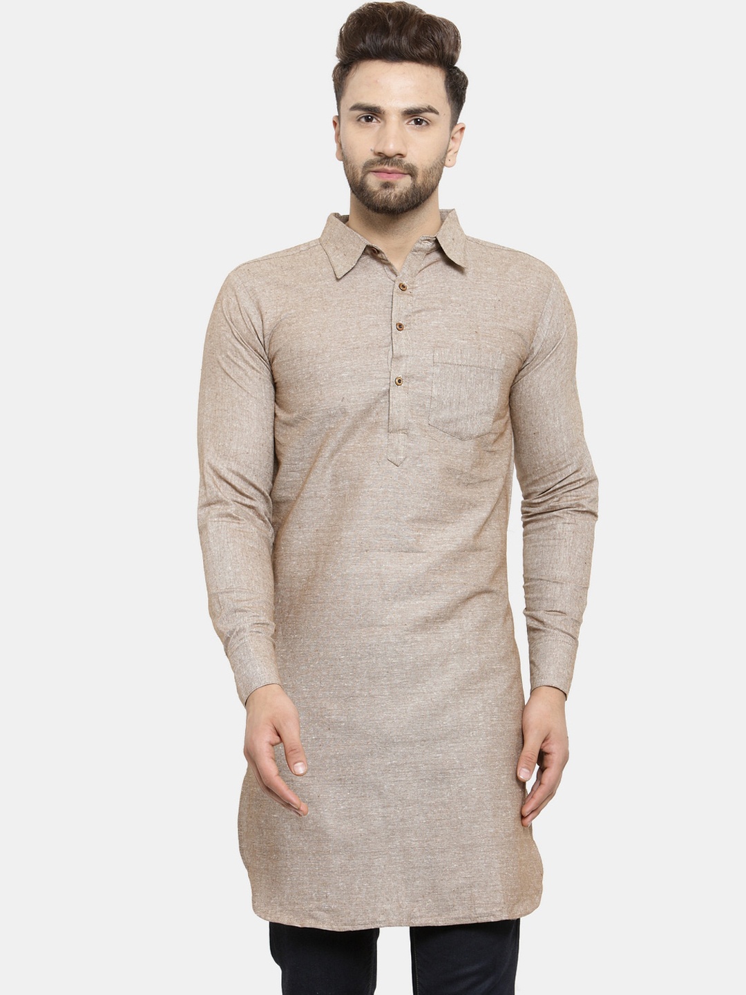

Sayesha Men Shirt Collar Pathani Pure Cotton Kurta, Brown