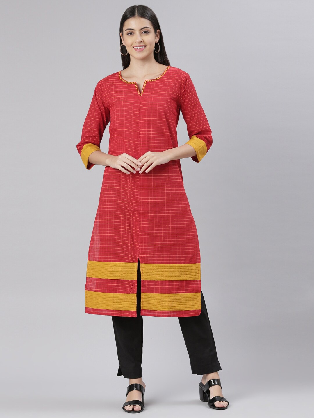 

The Chennai Silks Women Red & Yellow Printed Thread Work Kurta