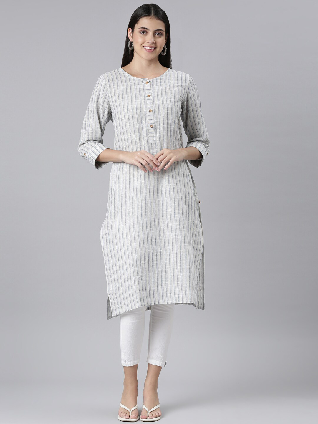

The Chennai Silks Women Striped Pure Cotton Kurta, Grey