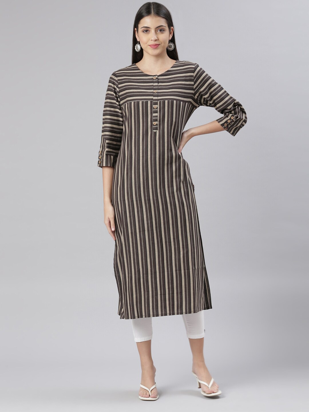 

The Chennai Silks Women Striped Pure Cotton Kurta, Brown