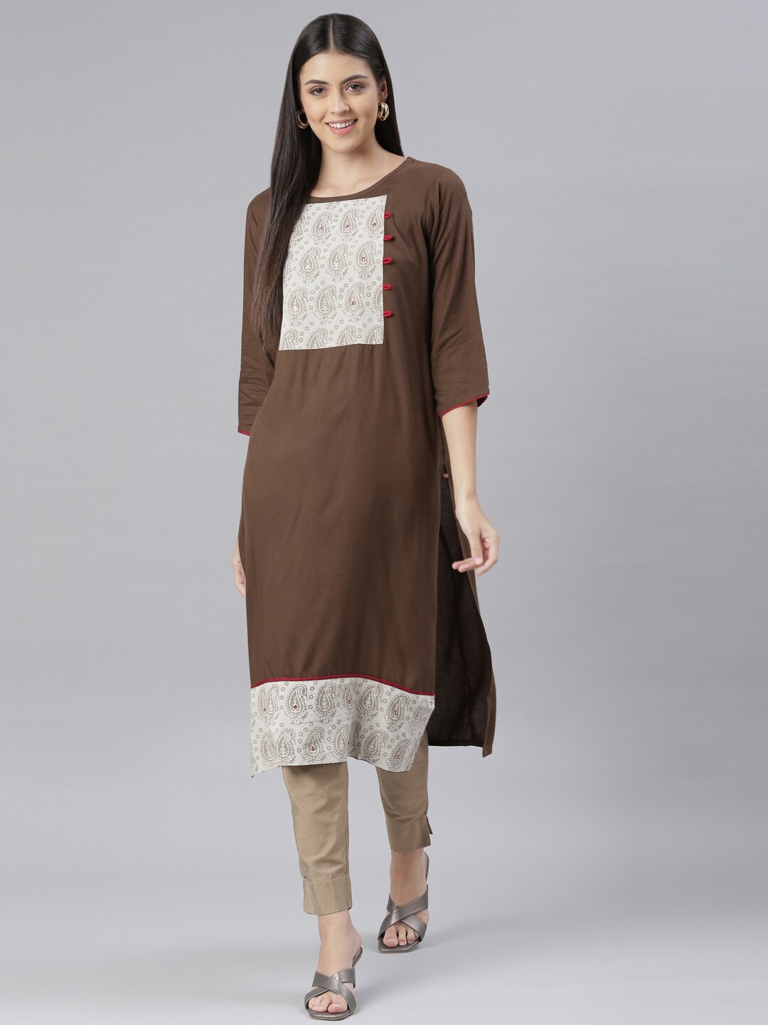 

The Chennai Silks Women Paisley Printed Mirror Work Indie Prints Kurta, Brown