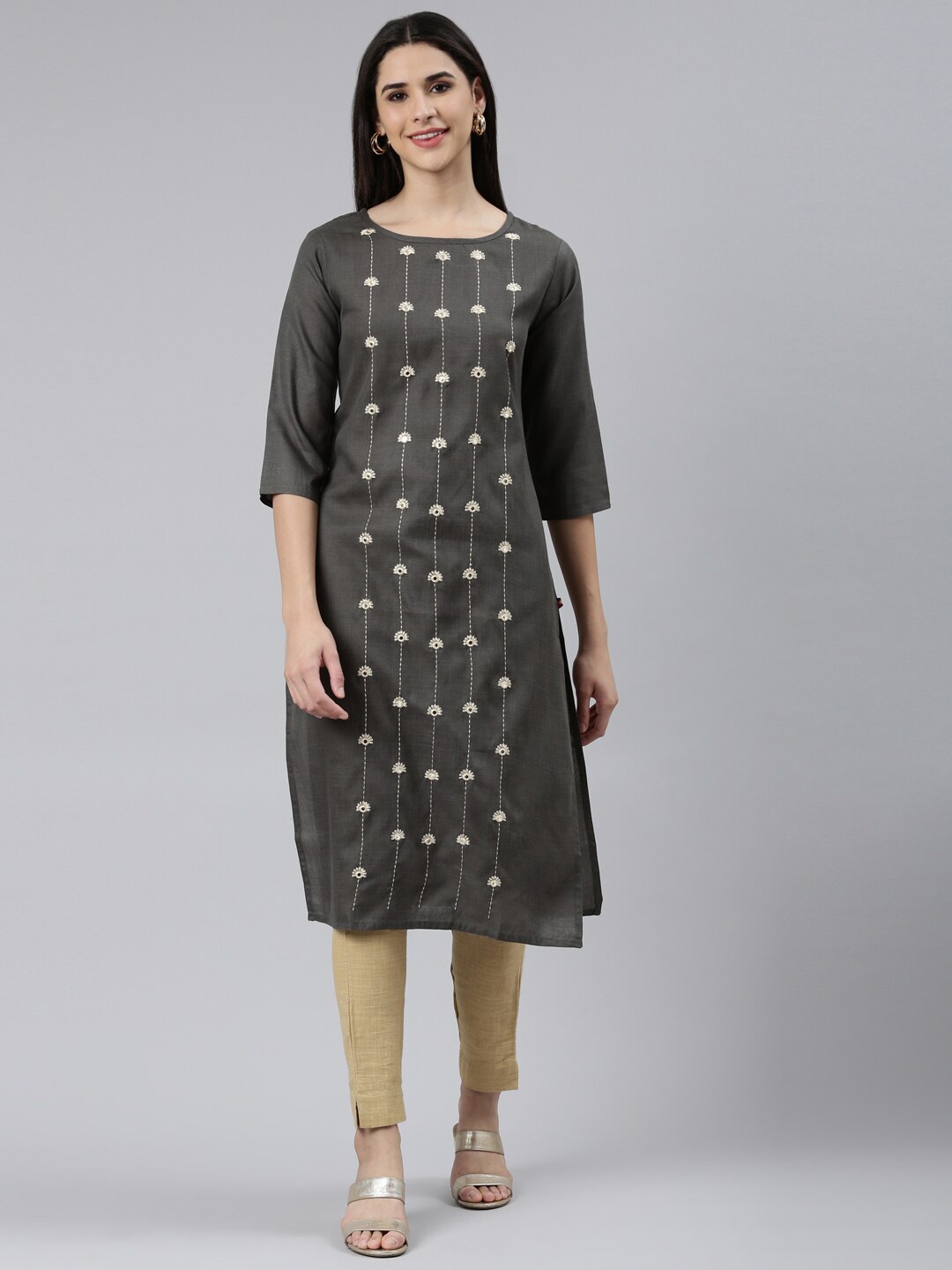 

The Chennai Silks Women Ethnic Motifs Embroidered Pure Cotton Kurta, Charcoal