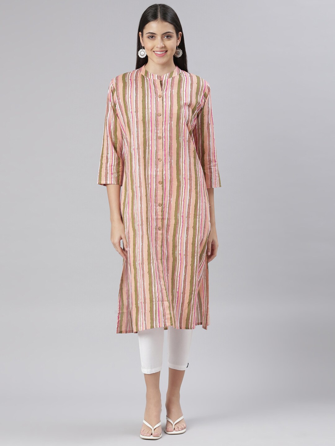 

The Chennai Silks Women Striped Pure Cotton Kurta, Peach