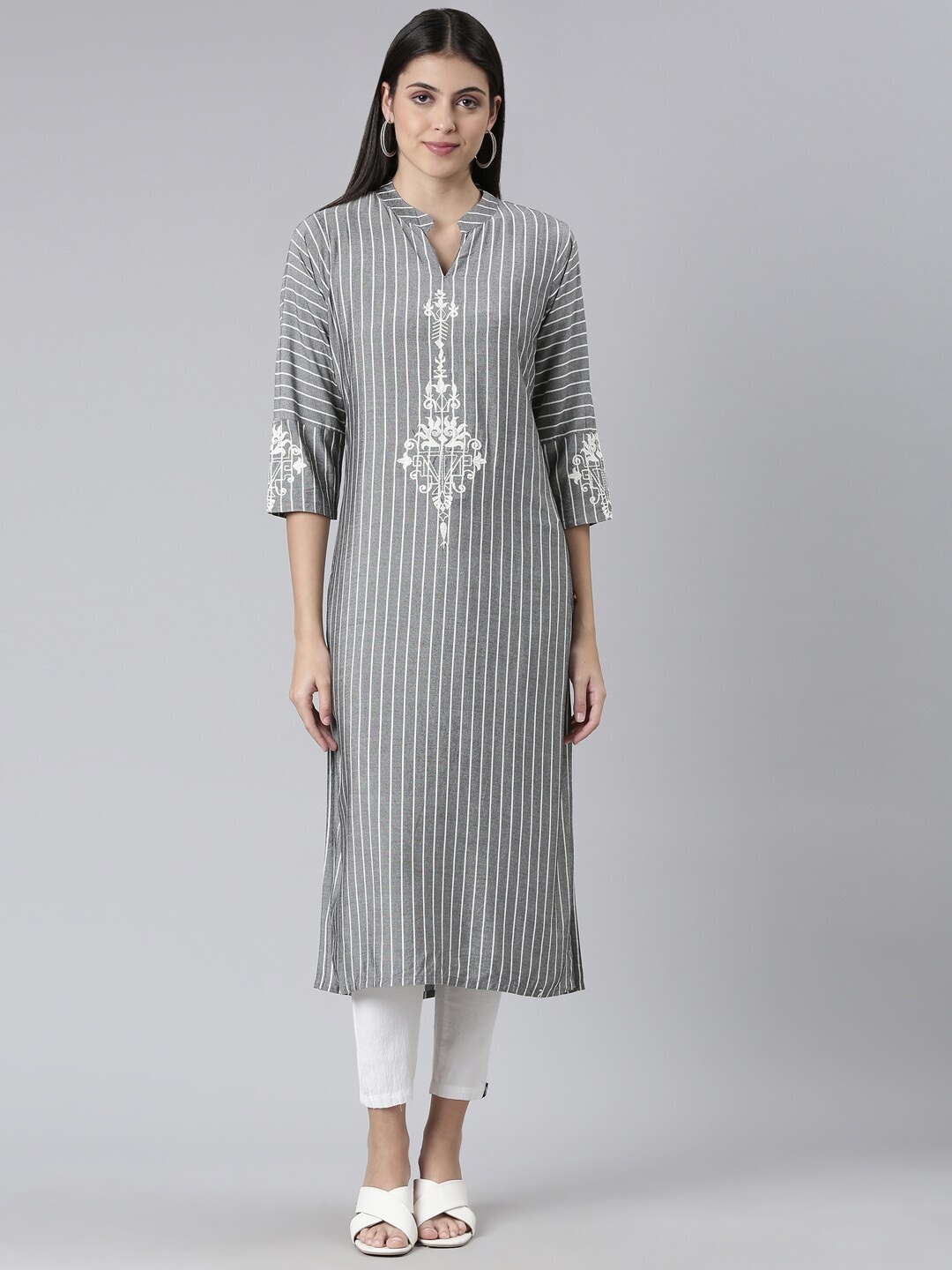 

The Chennai Silks Women Striped Thread Work Band Collar Kurta, Grey