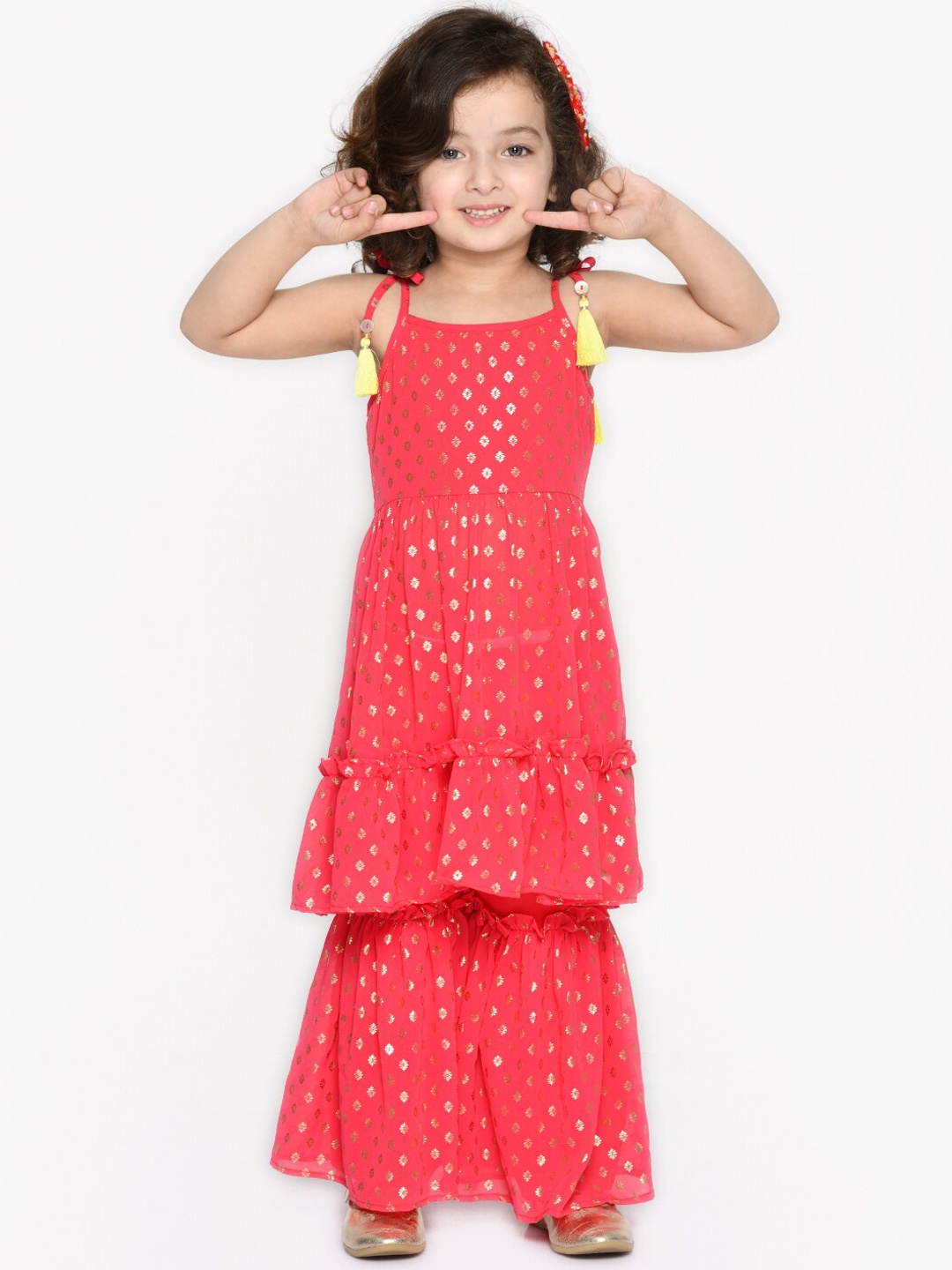 

SAKA DESIGNS Girls Ethnic Motifs Printed Tiered Kurta with Sharara, Magenta