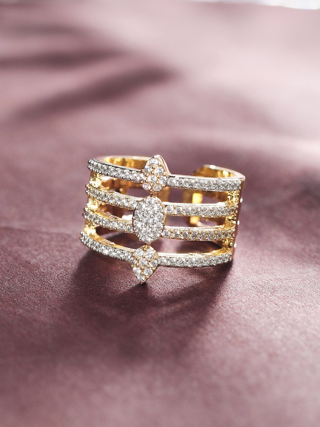 

Rubans Women Gold-Plated AD Stone-Studded Adjustable Rail Finger Ring, White