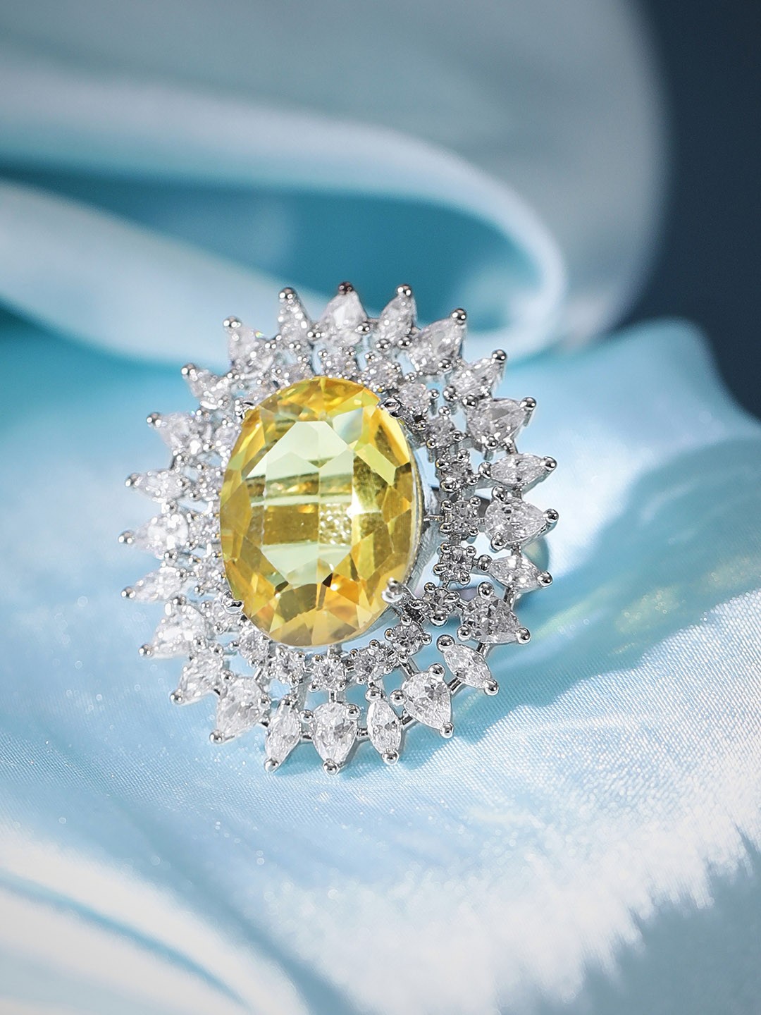 

Rubans Women Silver-Plated AD Stone-Studded Adjustable Finger Ring, Yellow