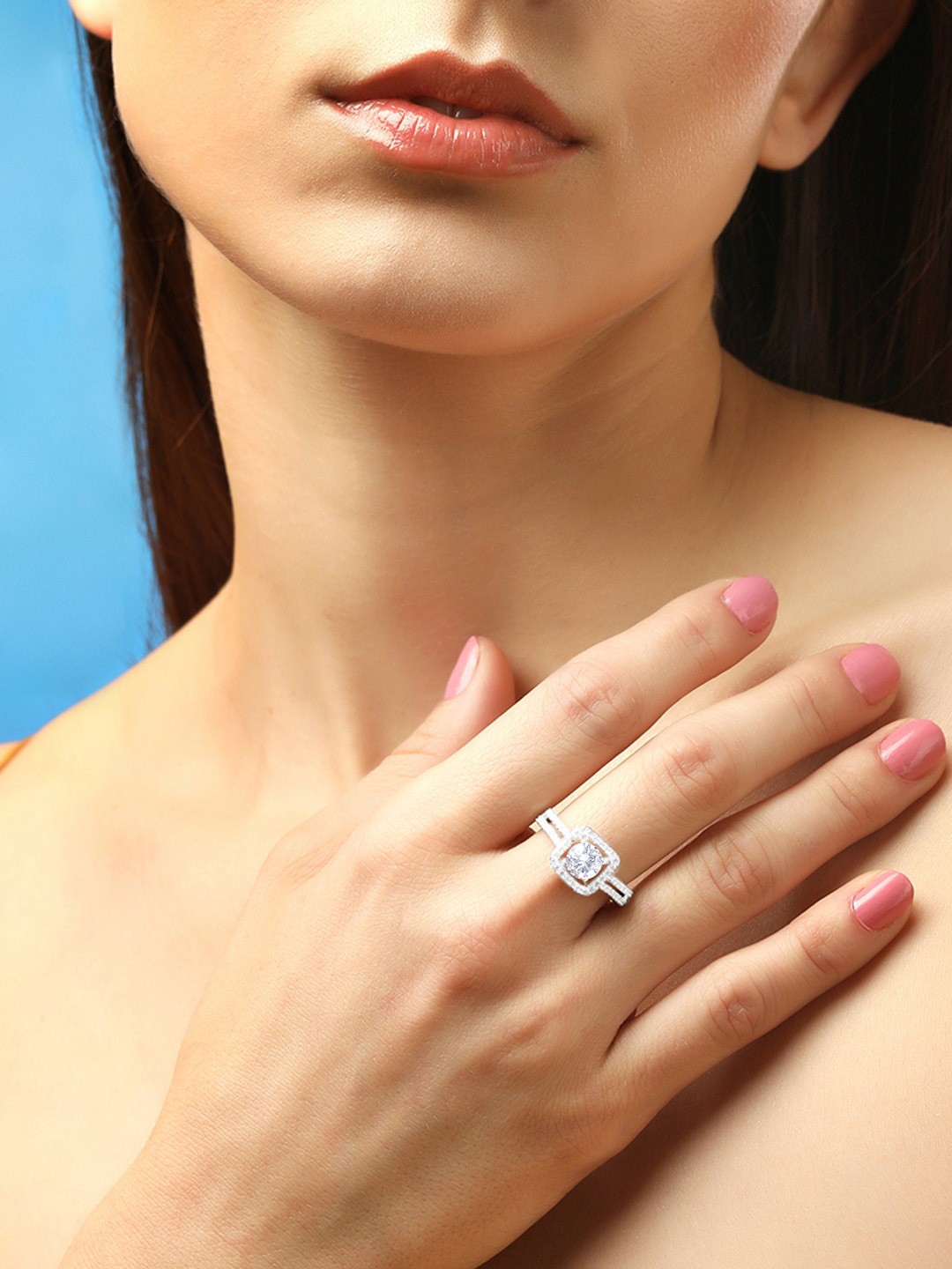 

Rubans Silver-Plated AD-Studded Adjustable Finger Ring